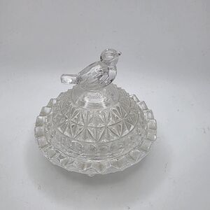 VTG Hofbauer Diamond Point Glass Bird Footed Trinket Dish With Lid